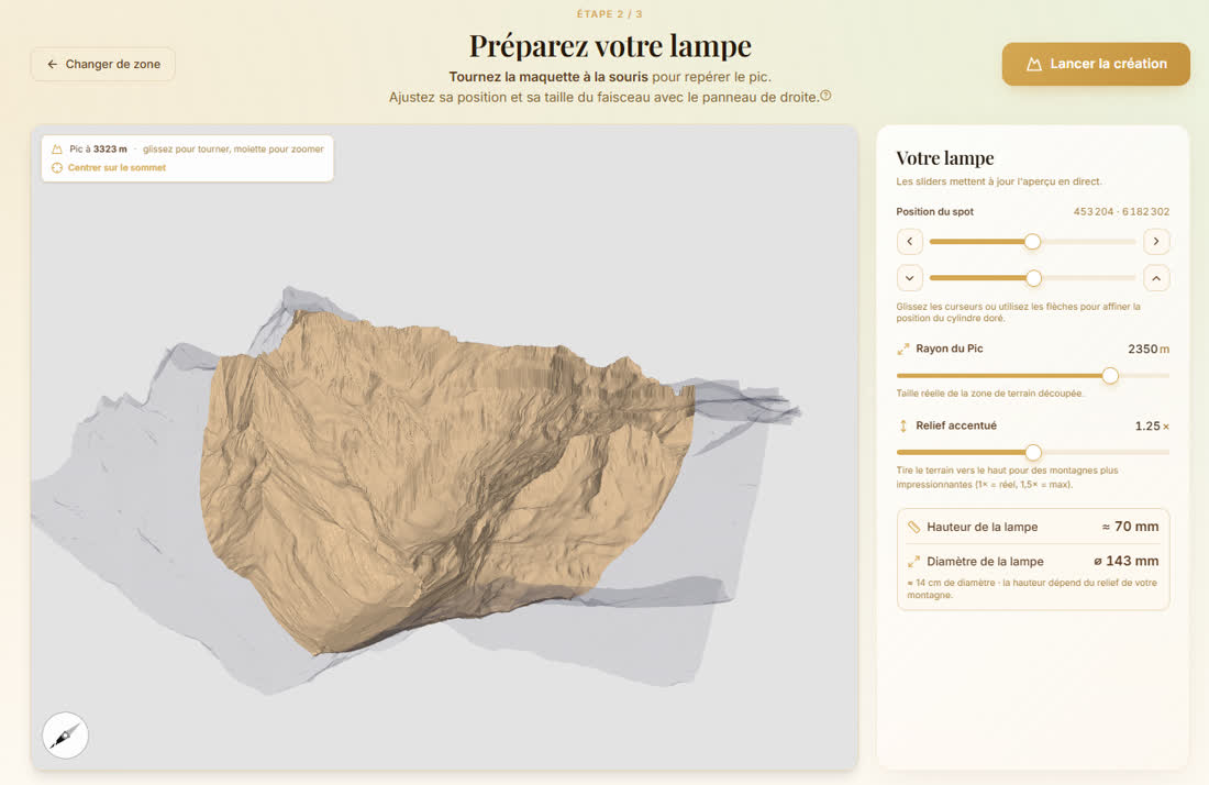 The lamp creator: adjusting the framing, radius and relief of the chosen summit