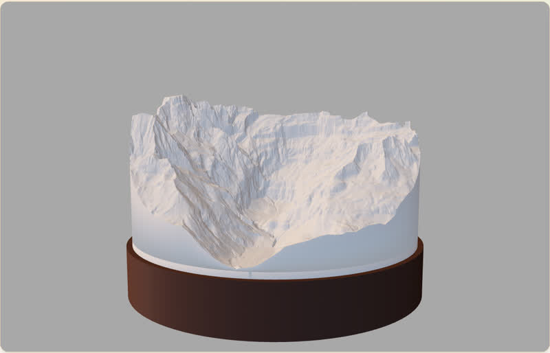 3D preview of the finished mountain lamp on its wooden base